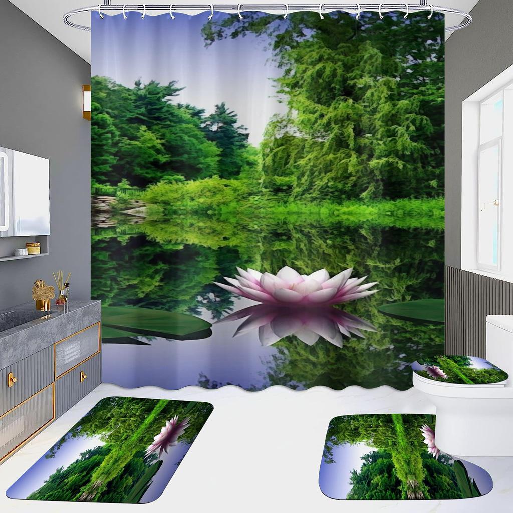 High Definition Digital Printing Shower Curtain Four-Piece Set Of Non-Punching Bathroom Bathroom Bathroom Partition Curtain Landscape