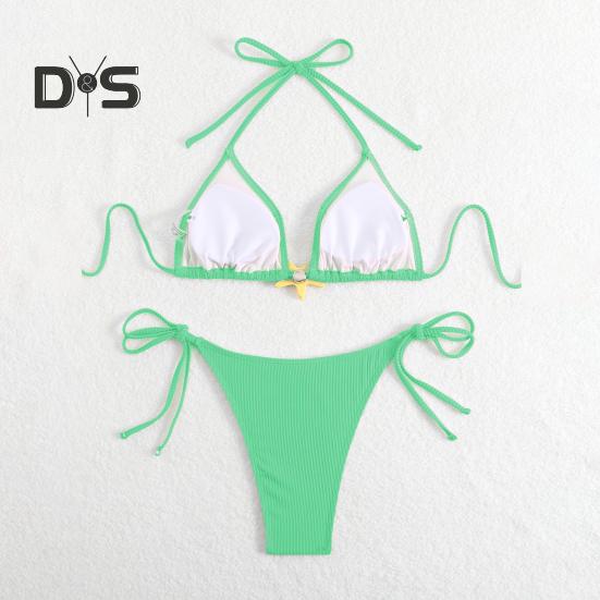 Damebikinisett med halterneck, sideknyting i to deler med sjøstjernedekor, sexy trekantbadedrakter for strandferie, varmt kildebasseng