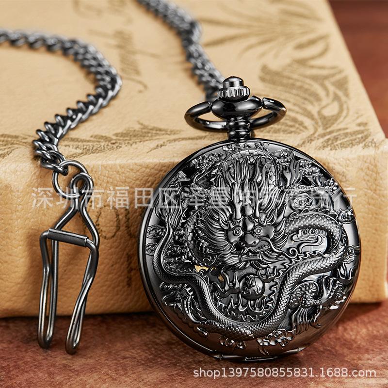 Hollow Through The Bottom Watch Personalized Pocket Watch Longfeng Chengxiang Mechanical Pocket Watch Bronze Retro Casual Pocket Watch Dragon Pocket