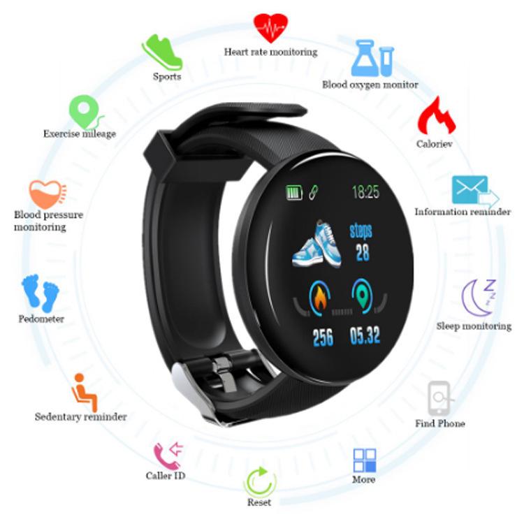 D18 Smart Bracelet: Color Screen, Call Alerts, Step Counter, Waterproof, Heart Rate & Blood Pressure Monitor.
