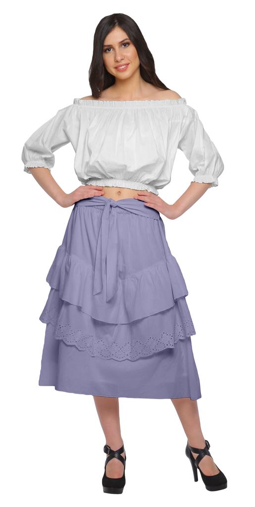 Moomaya Solid Cotton Skirts For Women Knee Length With Lace Belt Ruffle