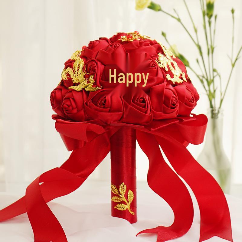 Handmade Chinese Style Red Silk Rose Bouquet for Bridal Photography and Xiuhe Dress