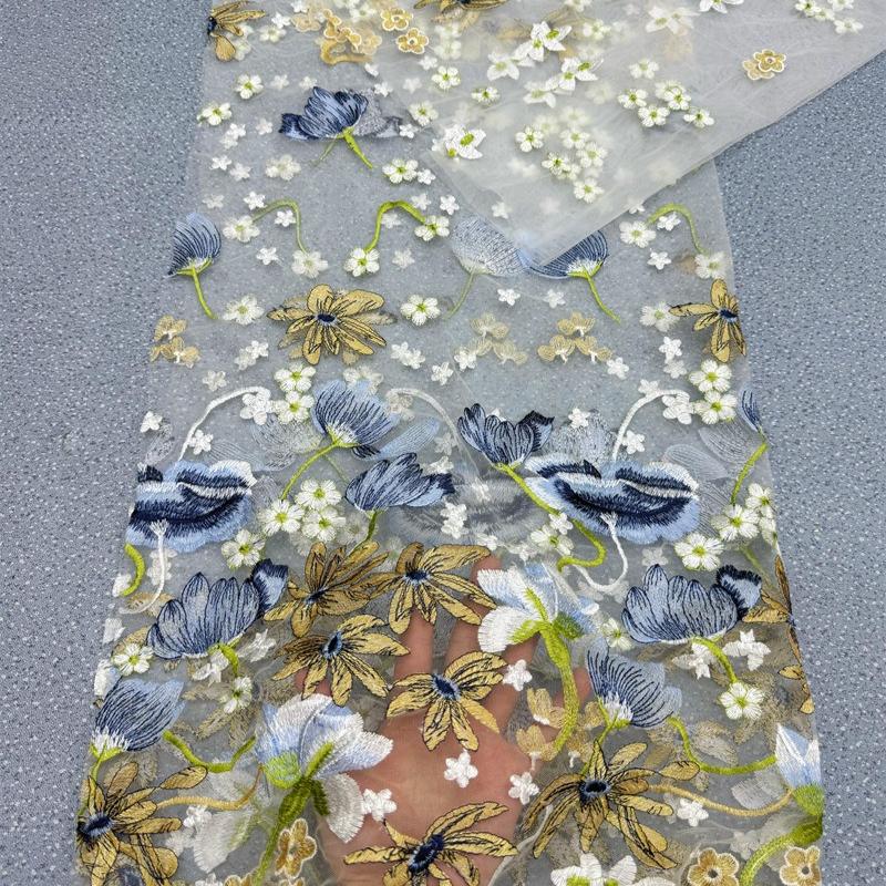 1/3/5yards Flower Embroidery Fabric Soft Tulle Nigerian Lace Fabrics Bridal Wedding Dress Cheongsam Prom Dress Applique Crafts