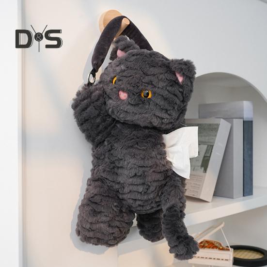 Plush Tissue Box Dispenser Zipper Closure Cartoon Cat Shaped Easy To Install Cute Tissue Box Car Hanging Tissue Organizer