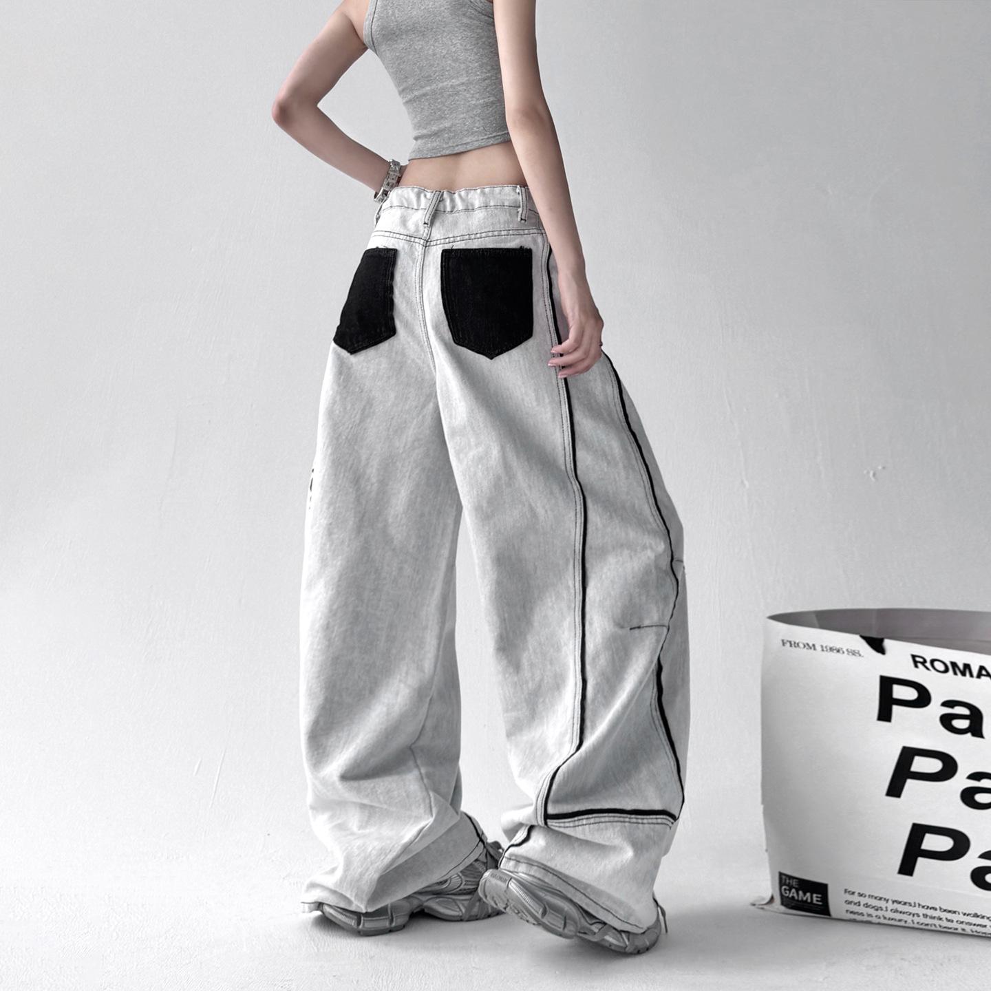 

Unisex American Retro Patchwork Wide-Leg Gray and White Jeans - 2025 Summer Casual Loose Fit Extra Large серый/белый