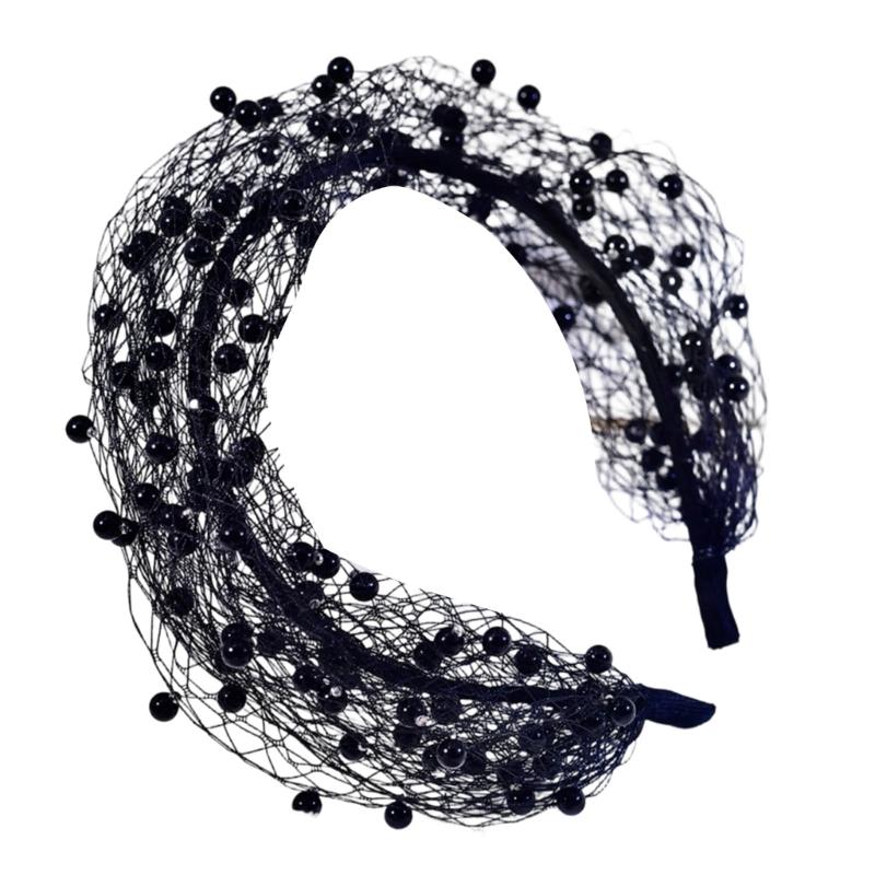 

Mystical Wedding Headpiece Handcrafts Pearls Embellished Bridal Veil Headband Romantics Wedding Hair Accessory чорний