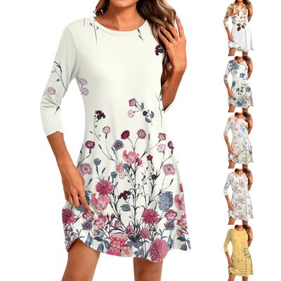 Women's Fashion Casual Print Round Neck Three-quarter Sleeve Short Dress