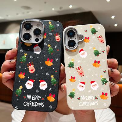 Ledertexturschale für iPhone 16 15 Pro 14 13 12 11 Pro Max Xs Max Xr 8 7 6 Plus Cartoon Weihnachtsmann-Elch-Muster Stoßfeste weiche Tpu Slim Cover