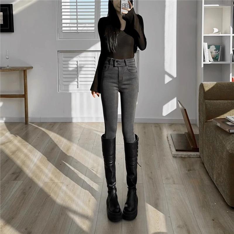 

Women s High-Waisted Velvet Skinny Jeans, Stretchy Slim Fit, Smoke Gray Pencil Pants for Autumn and Winter 2XL