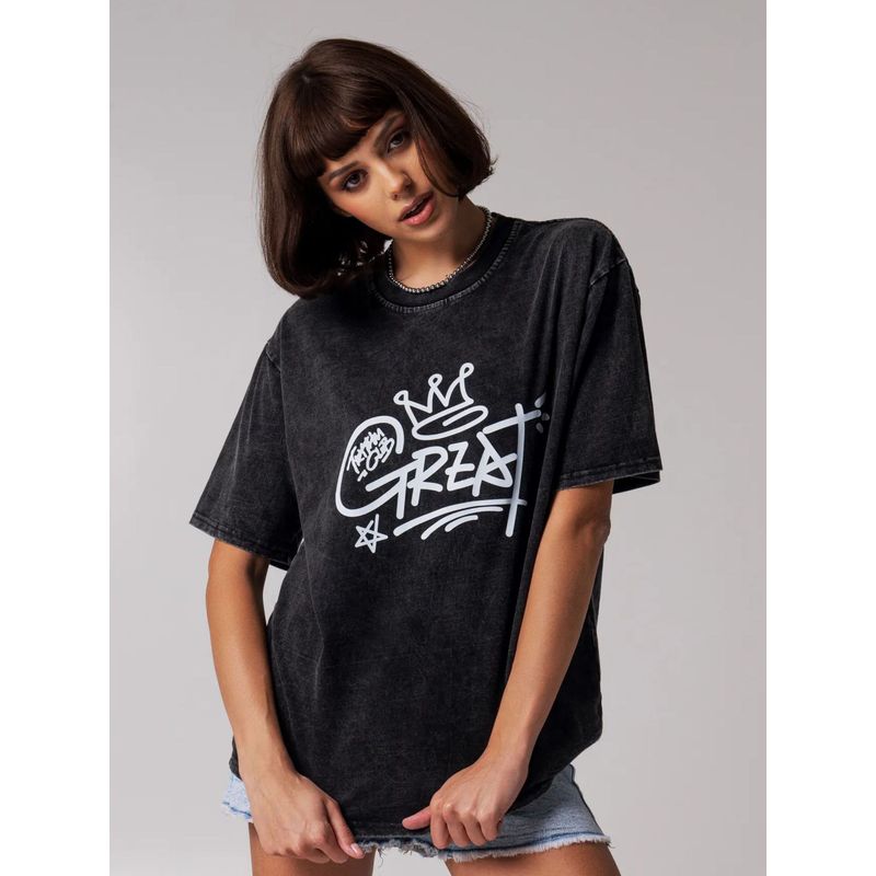 Western Style New Washed Distressed Loose Print Short sleeve T-shirt Top Printed Cotton T-shirt