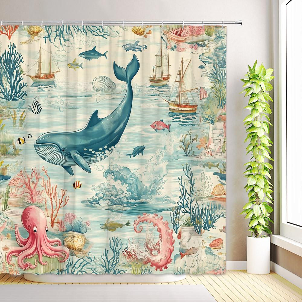 Nautical Coastal Shower Curtain Ocean Beach Seashell Starfish Coral Seahorse Octopus Underwater World Bathroom Decor with Hooks