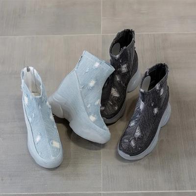 Damen Denim Stiefel Höhenvergrößernd Frühling/Herbst Neu Dicke Sohle Stiefel Vielseitig Niedriger Schaft Reißverschluss hinten Kurze Stiefel Damenschuhe