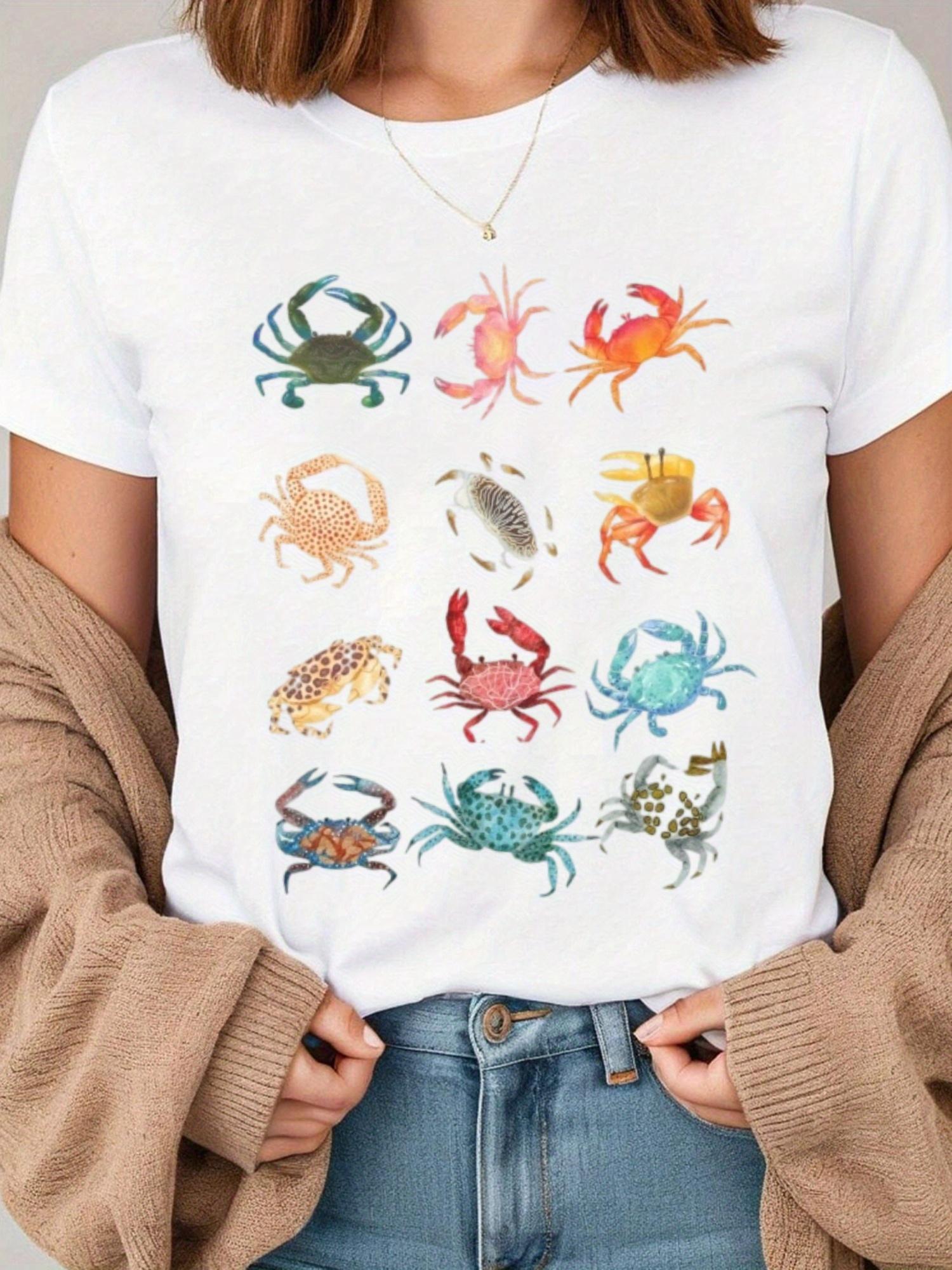 Various Colorful Crab Patterns Printed on Summer Womens Tshirts Short Sleeved Round Neck Casual Summer Womens Clothing S