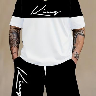 Plus Size Mens Bold King Graphic Print T-shirt & Shorts Set - Fashionable Oversized Tracksuit for