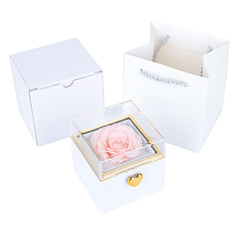 Luxury Rotating Acrylic Jewelry Box with Preserved Rose, Teddy Bear, and Birthday Cake Design