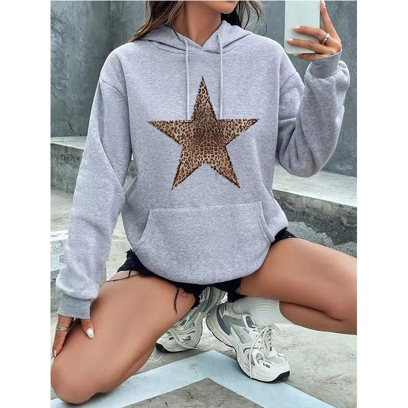 Sweatshirts Pullovers Vintage à Manches Longues pour Femmes Regular Gothique Automne Hiver à Capuche Streetwear Imprimé Léopard Étoile Y2k Sweats à Capuche