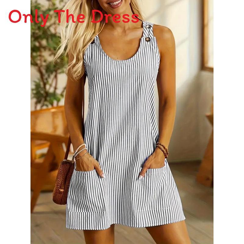 Casual Cotton Polyester Striped Pocket Aline Dress For Spring And Summer Wear