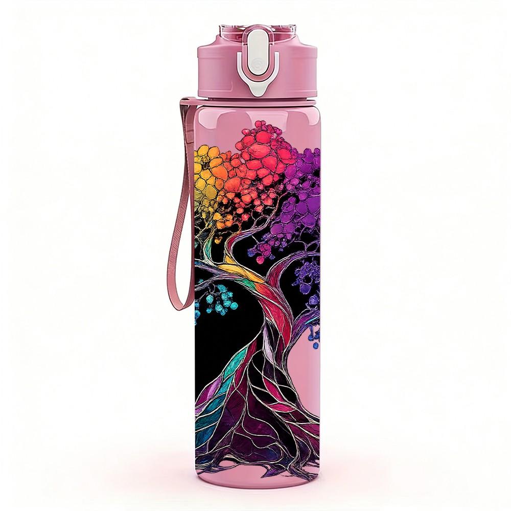 1PC Rainbow Root Tree Nature Art Print 750ml Color Plastic Sports Water Bottle Leakproof Flip Straw Lid Suitable for Sports Office Home Use