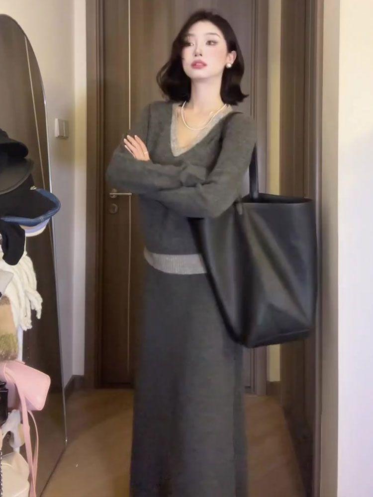 Stylish Korean Grey Knit Sweater and Skirt Set for Women - Chic Autumn/Winter Outfit