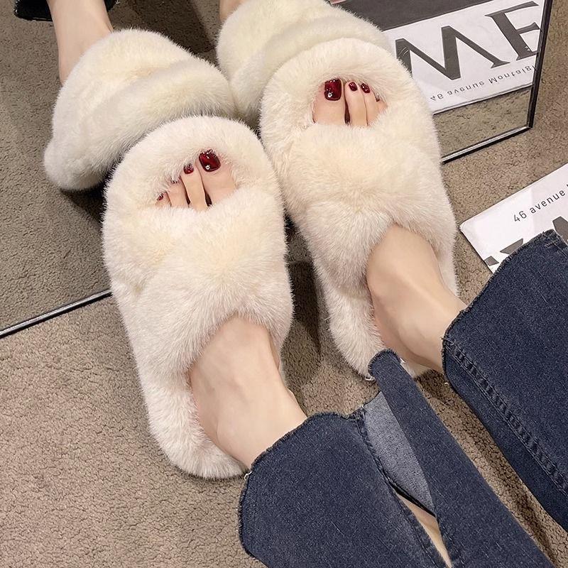 Women's Furry Platform Slippers - Thick Bottom Cross Strap for Autumn/Winter, Height-Increasing, Soft Cotton for Home or Outdoor Use