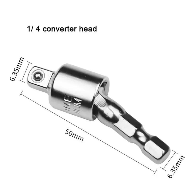 Hexagonal Shank To Quadrilateral Socket Universal Joint Rod Driver Connector 360 Degree Hand Drill Conversion Head 1/4"3/8"1/2"
