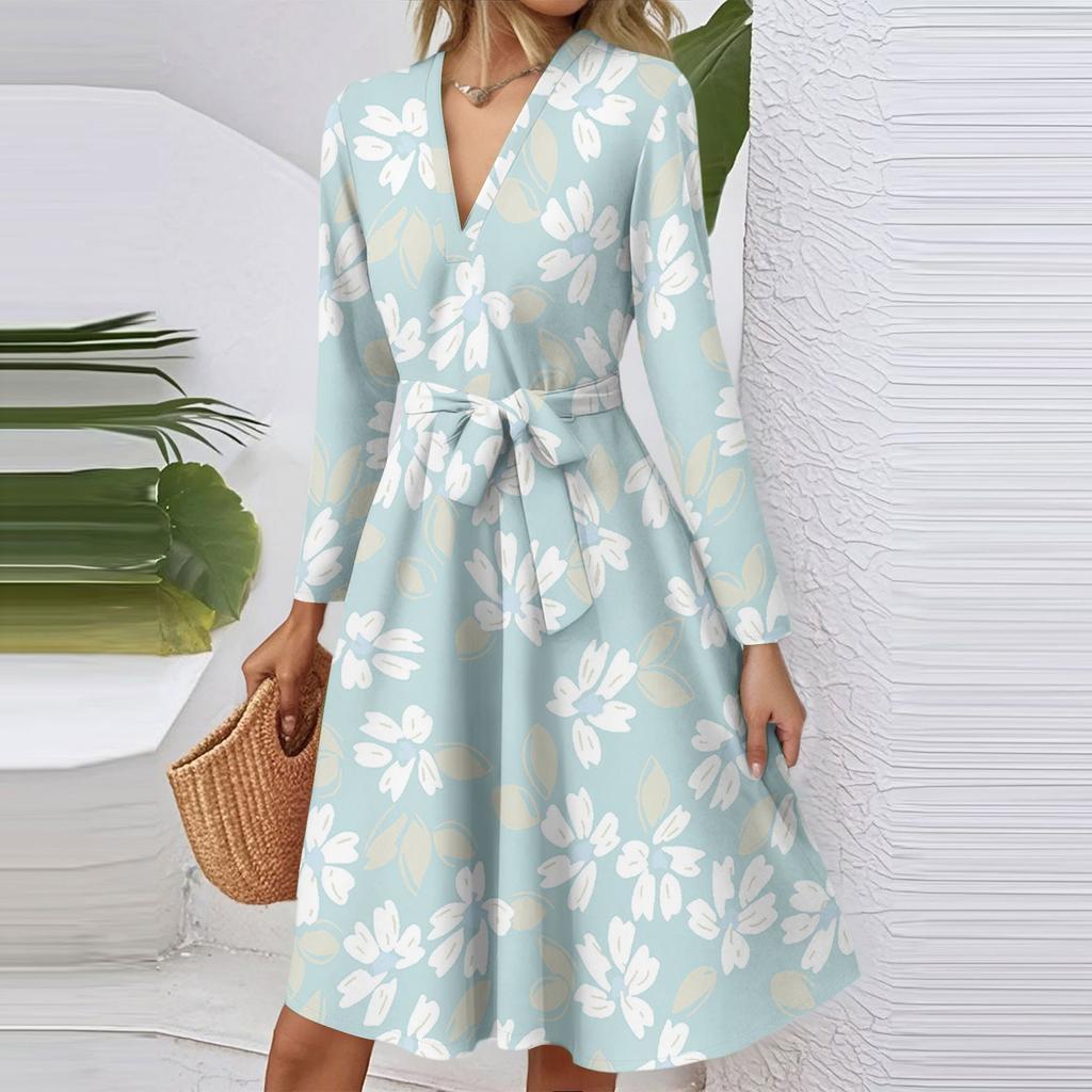 Dámské módní ležérní šaty midi s výstřihem do V, dlouhým rukávem, v pase a s květinovým potiskem