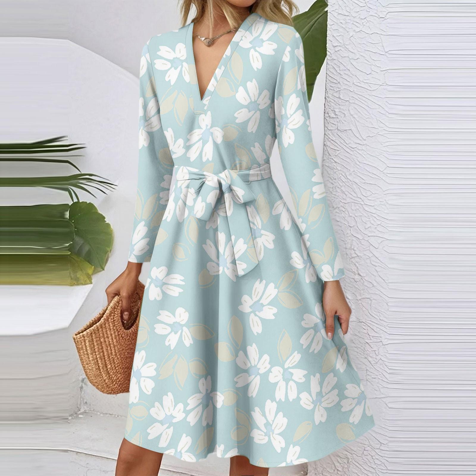 

Жіноча мода Повсякденна сукня міді з V-подібним вирізом, довгим рукавом, талією та квітковим принтом XL