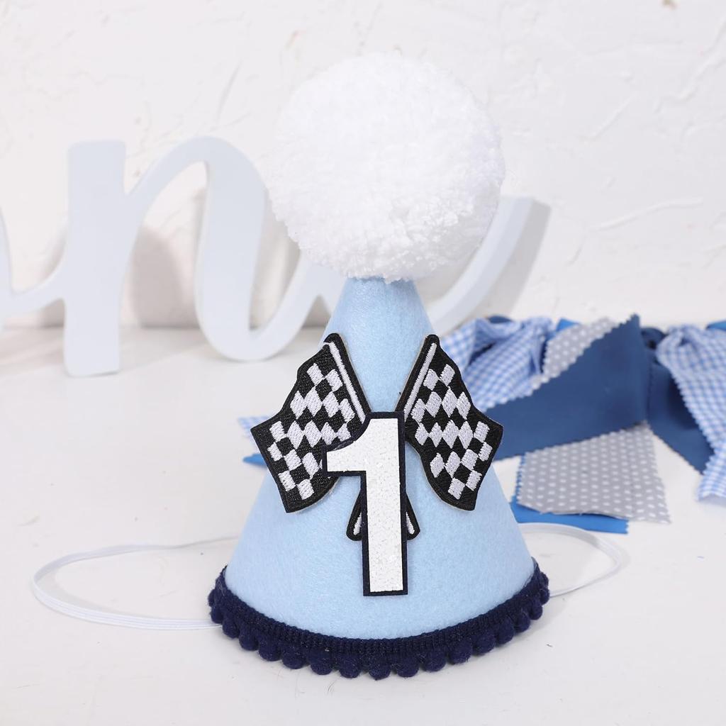 Fast One 1st Birthday Hat for Boys - Blue Race Car Themed Crown and Decorations for First Birthday Celebration