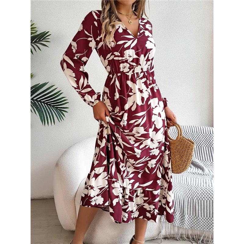 Women's V Neck Long Sleeve Floral Print Maxi Dress Casual Boho Flowy Dresses