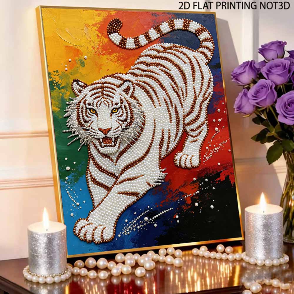 Majestic Tiger Pearl Kit 5D DIY Round Rhinestone Art for Adults Relaxing Handmade Wall Decor Holiday Gift Frameless