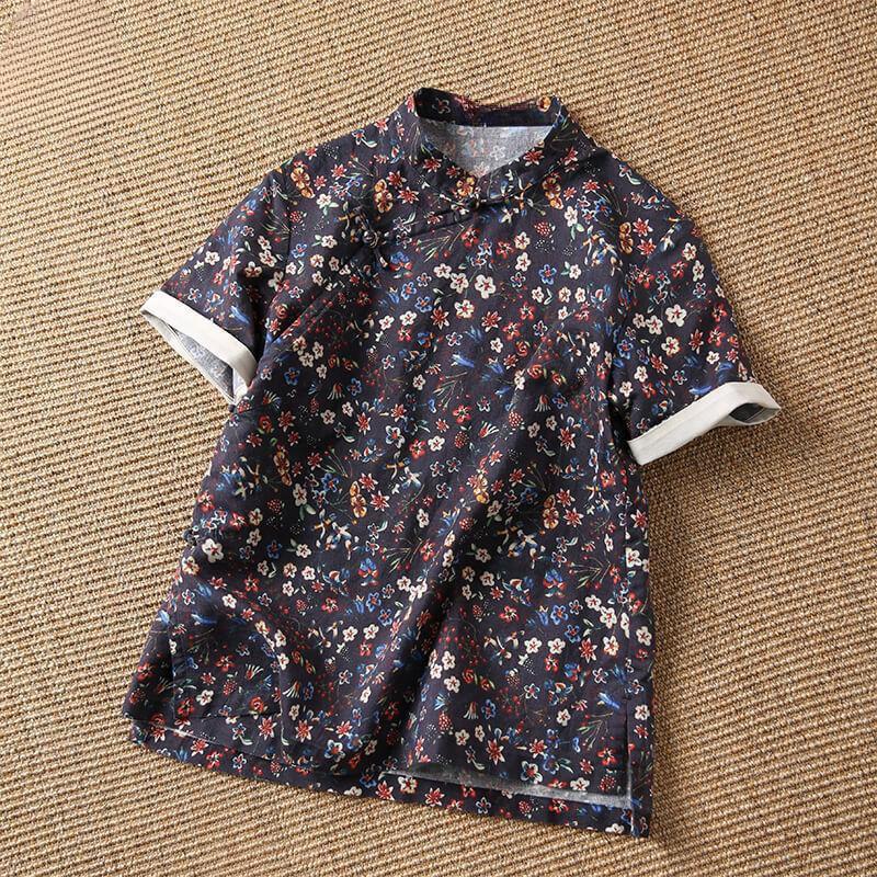 

Women s Summer Linen Floral Qipao Top - Short Sleeve, Stand Collar, Asymmetrical Placket, Slim Fit XXL