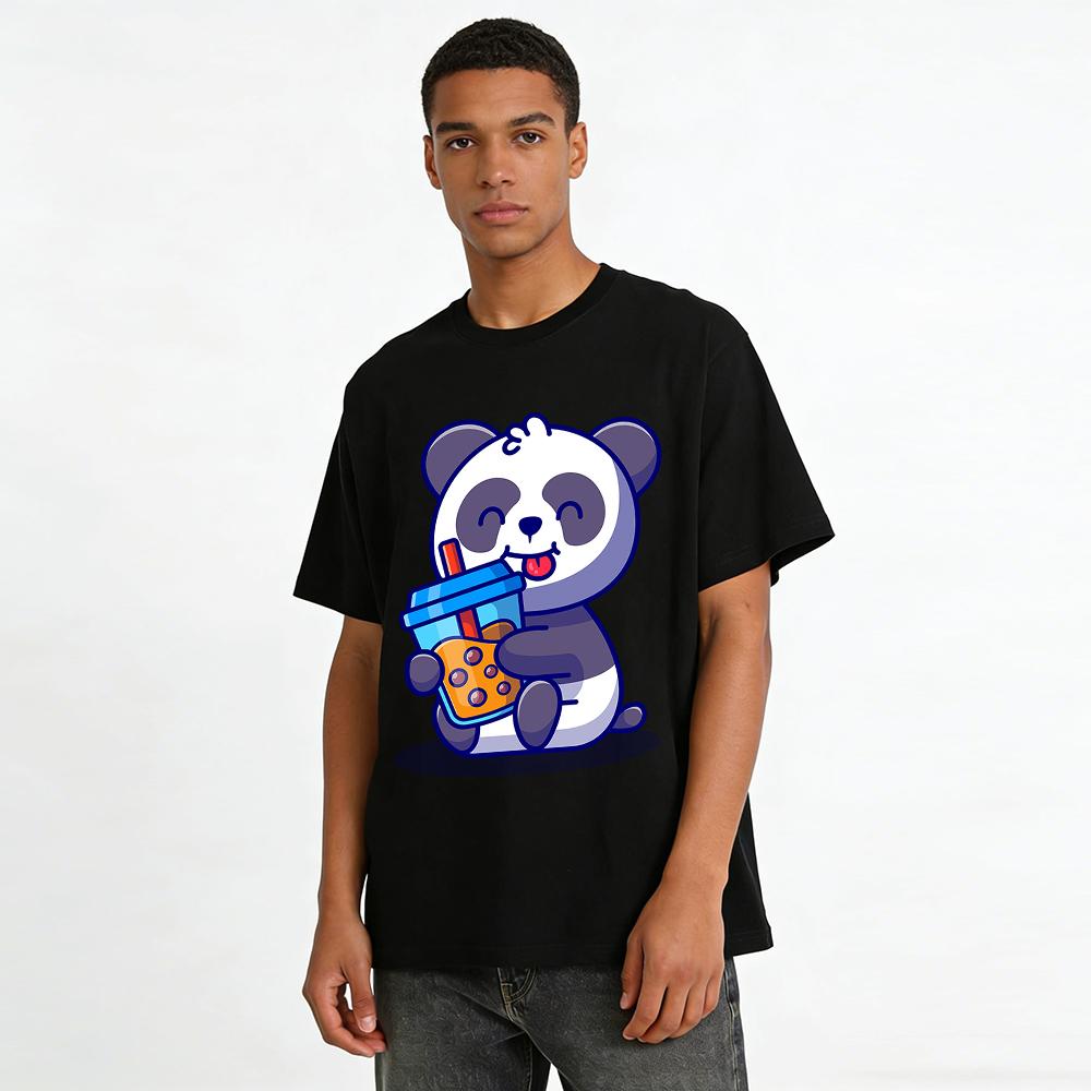 Cute Panda Holding Bubble Tea Cartoon Print Casual T-shirt Pure Cotton T-shirt