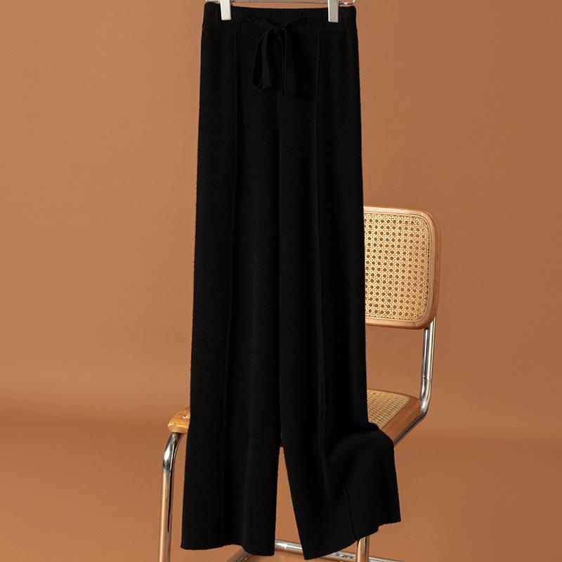 Dámské vlněné kalhoty s vysokým pasem a širokými nohavicemi - Podzimní/zimní ležérní pletené kalhoty ke kotníkům