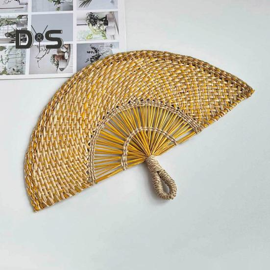 Handgefertigter Fächer aus Strohweben, natürliches Seegras, Raffia-Handfächer, halbrund, gewebtes Palmblatt, Handfächer, Sommer-Kühlfächer, Hochzeits-Party-Dekoration