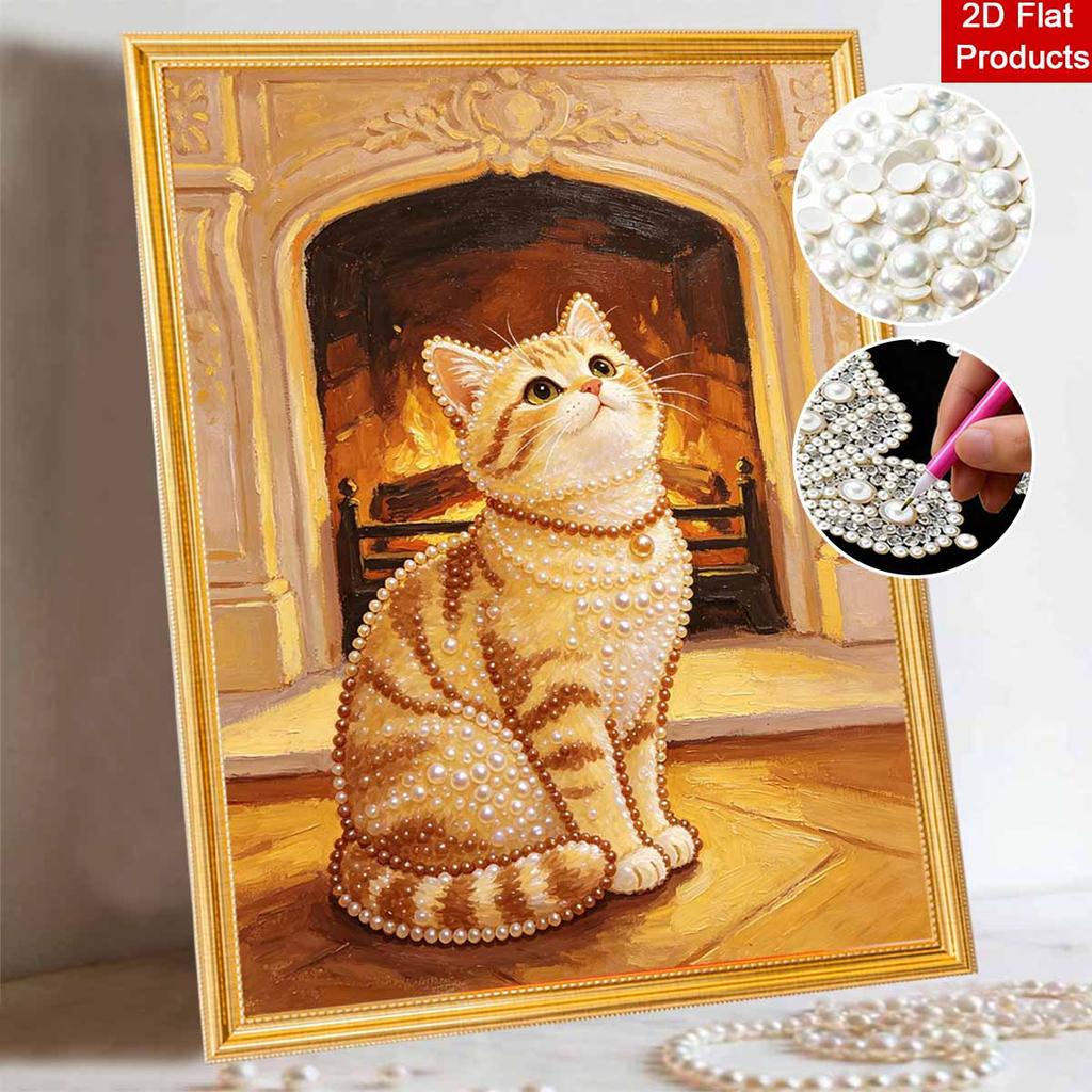 5D Pearl Kit Pearl Cat Cozy Fireplace Design DIY Enamel Art for Living Room Bedroom Wall Decoration Handmade Gift