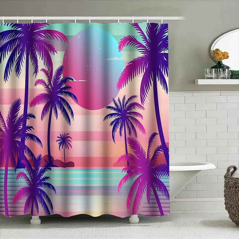 Tropical Beach Shower Curtain Ocean Sunset Palm Tree Liner Bathroom Decor Hawaiian Vibes Coastal Themed Home Textile Wall Hangin