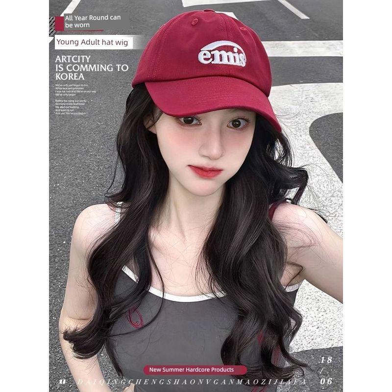 

Wig Hat One Female Long Curly Hair Big Wave Younger Fashion Red Peaked Cap Baseball Cap Ins K-style Easiest for Match Red + Brown Black Big Wave
