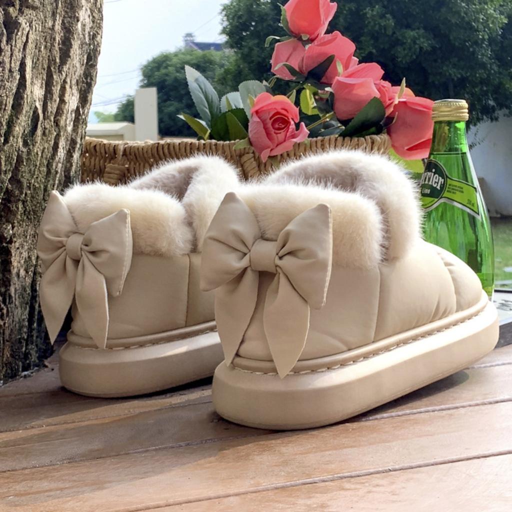 Butterfly Knot Cotton Slippers for Women In Winter, with A Bag Heel and Plush Cotton Shoes for Warmth and Thick Soles, Worn Externally