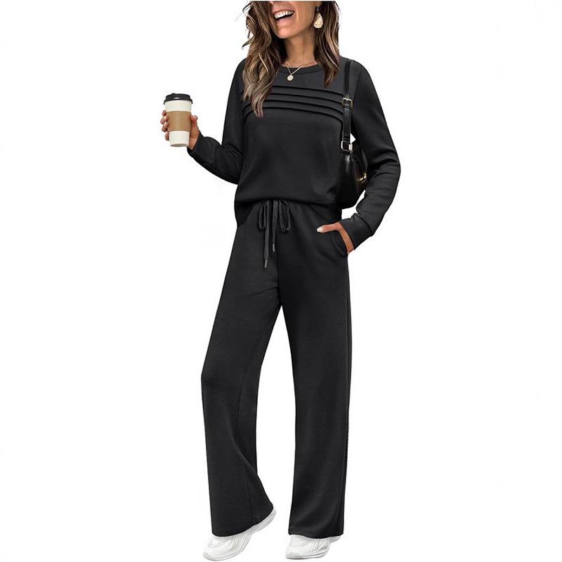 2025 Women's Autumn/Winter Set: Long Sleeve Top & Elastic Waist Wide Leg Pants