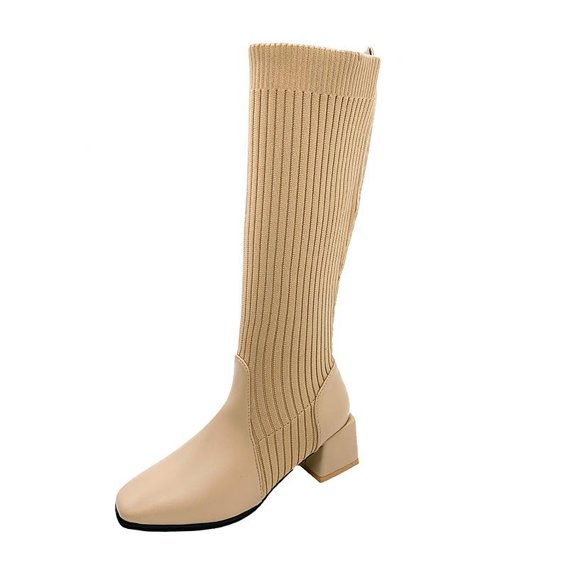 

Retro 5cm Square Heel Middle Heels Knitted Elastic Long Boots Women Knee High Sock Boots Fashion Square Toe Patchwork Women Shoe 35 абрикосовий