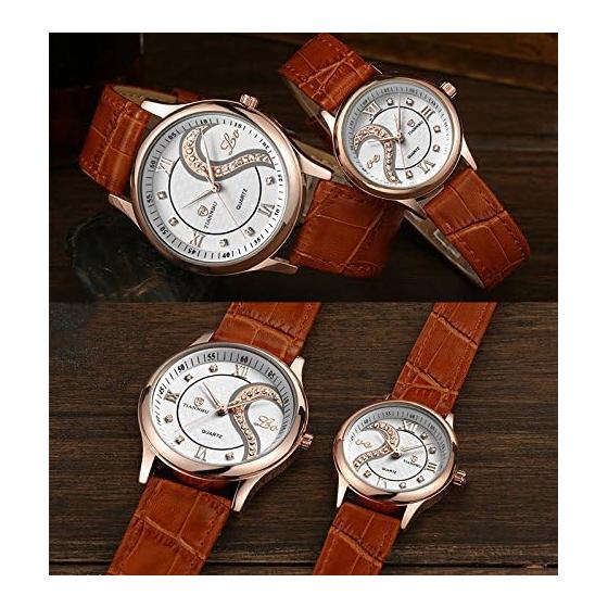 Romantic Couple Men's Women's Watch, Popular Leather Belt Heart-shaped Design Pair Watch Golden D-102