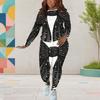 Women Plus Size Black Gold Green Printed Round Neck Long Sleeve Top And Fitted Pants Two Piece Set