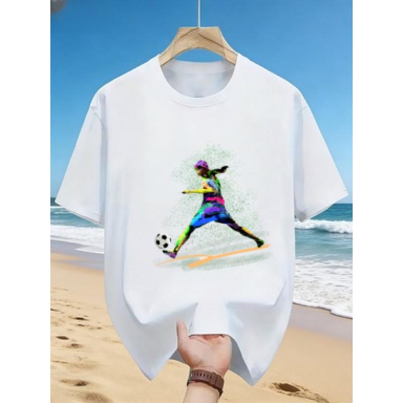 Men'S Summer Loose-Fitting Round-Neck Short-Sleeve T-Shirt with a Colorful Splatter Print of a Soccer Fan Shooting, Machine Washable