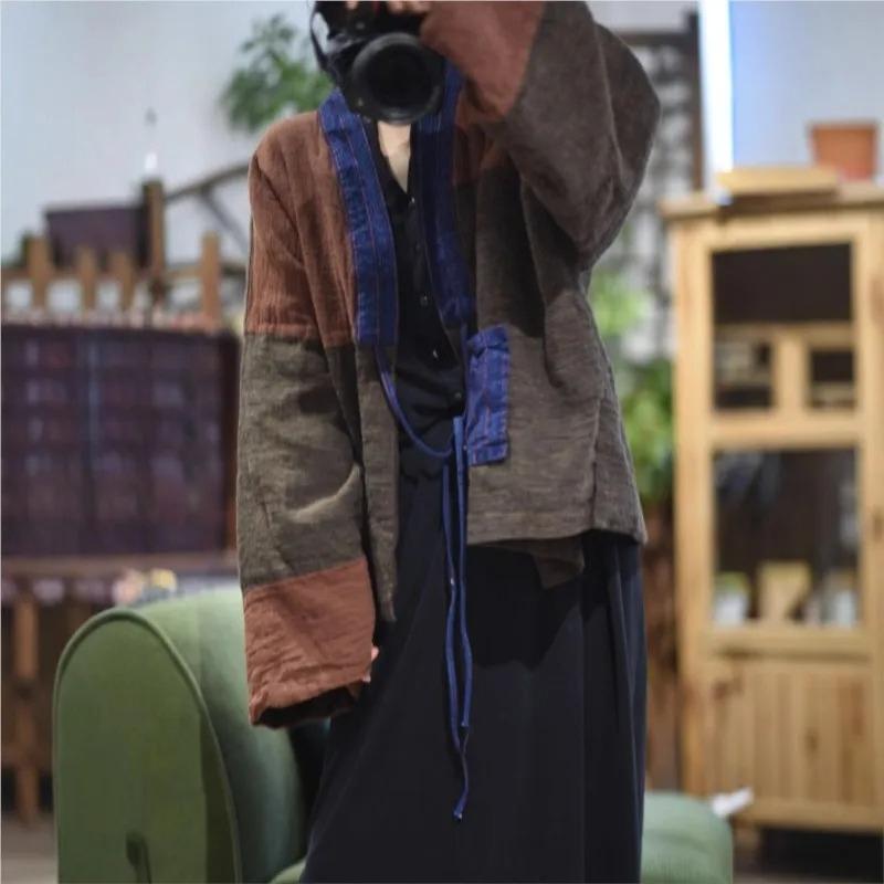 Johnature Women Vintage Jackets Patchwork Color Loose Belt Coats Autumn V-Neck Long Sleeve Jackets