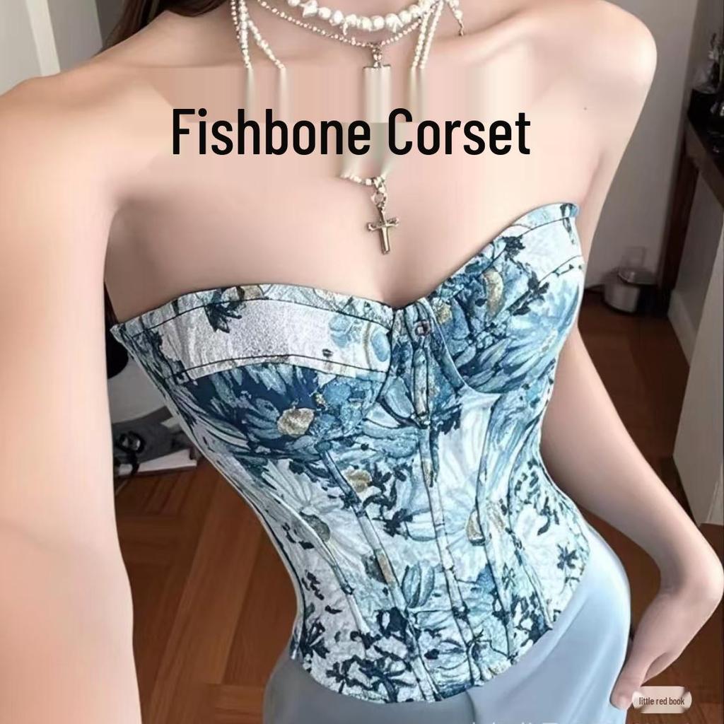 French Jacquard Fishbone Corset Tank Top - Women's Floral Waist Cincher 25801