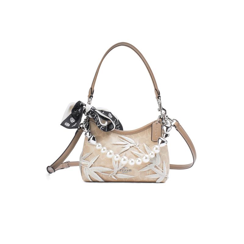 

COACH shoulder bag [Customized bag] Laurel 19 meters apricot silk amber, ribbon red decoration, elegant and high-end, trendy Bamboo Shadow Pearl Silk срібний