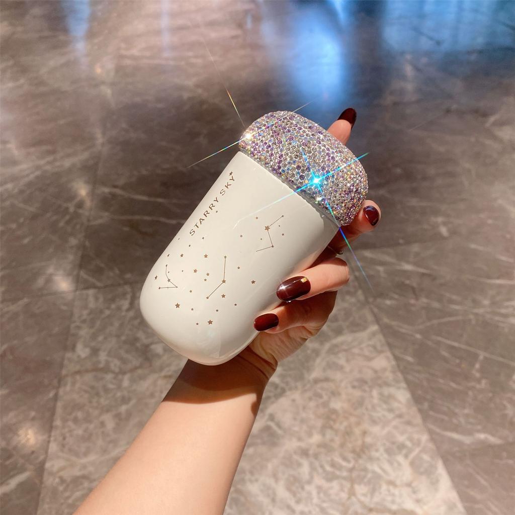 Constellation Star Pattern Thermal Coffee Mug With Diamond Studded Lid Drinkware For Girls Thermos Cafe Keep Cold Hot Insulated