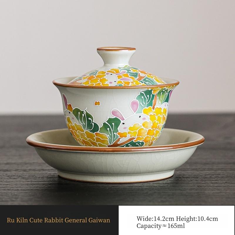 

165ML Ru Kiln Cute Rabbit General Gai Wan+Tea Tray Set For Tea Tureen Teaware Cup Chinese Yellow Ceramic Opening Lady Tea Set 200ml