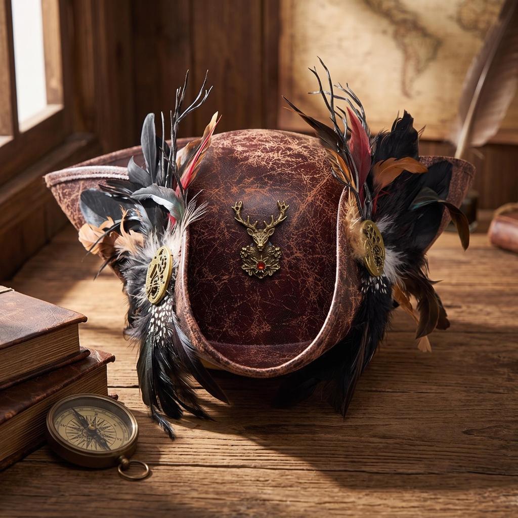 Tricorn Hat with Feathers Distressed Leather Weathered Vintage for