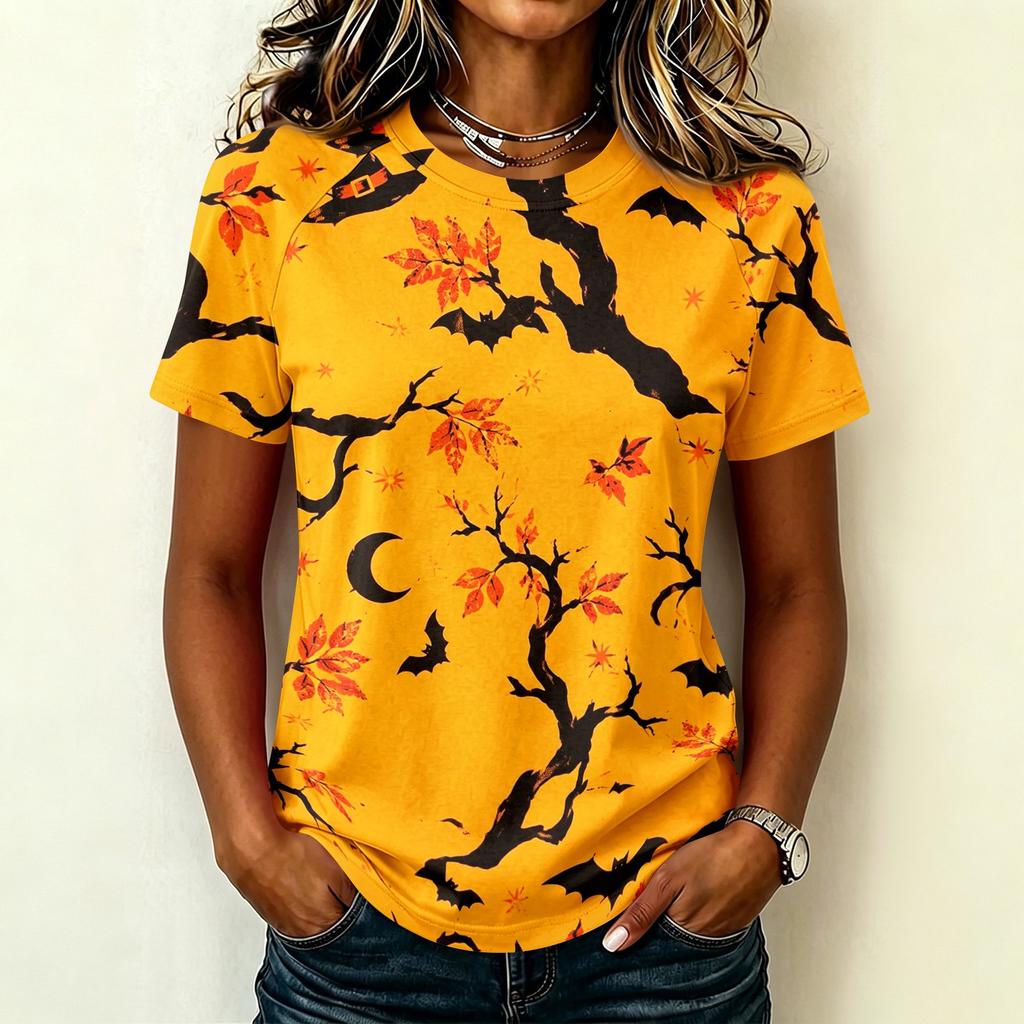 Women Raglan Sleeve Casual Short Sleeve Top Halloween Print Round Neck T Shirt Lightweight Comfortable Fit